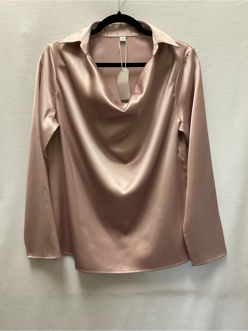 Satin Drape Neck Long-Sleeve Top - Blush